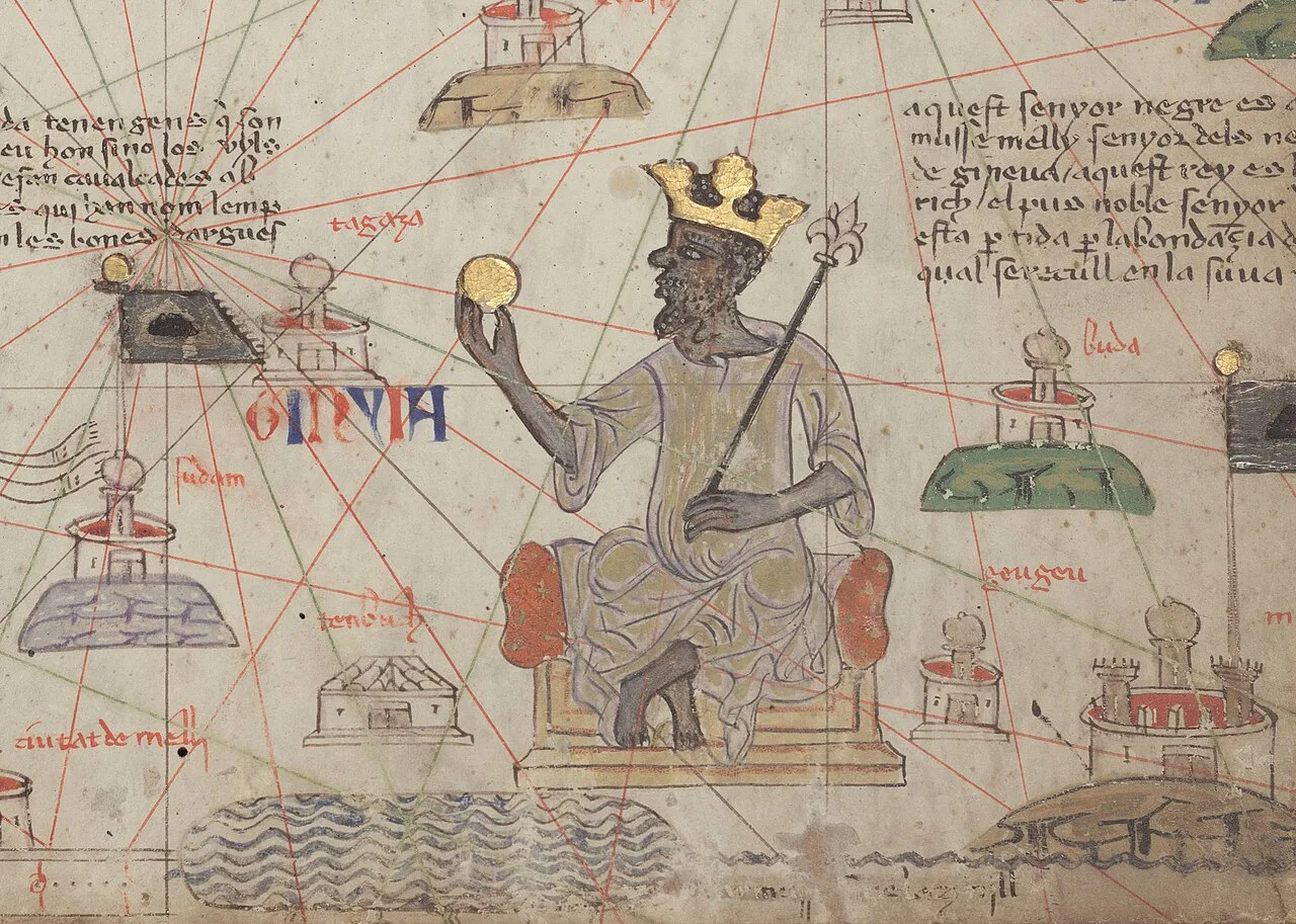 Mansa Moussa représenté tenant une pépite d'or, détail de l'Atlas catalan, 1375