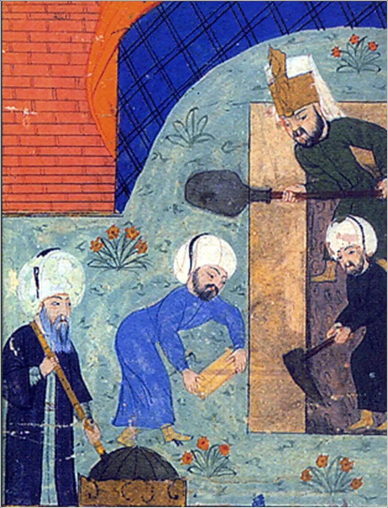 Sinan représenté sur un chantier, miniature ottomane du XVIe siècle