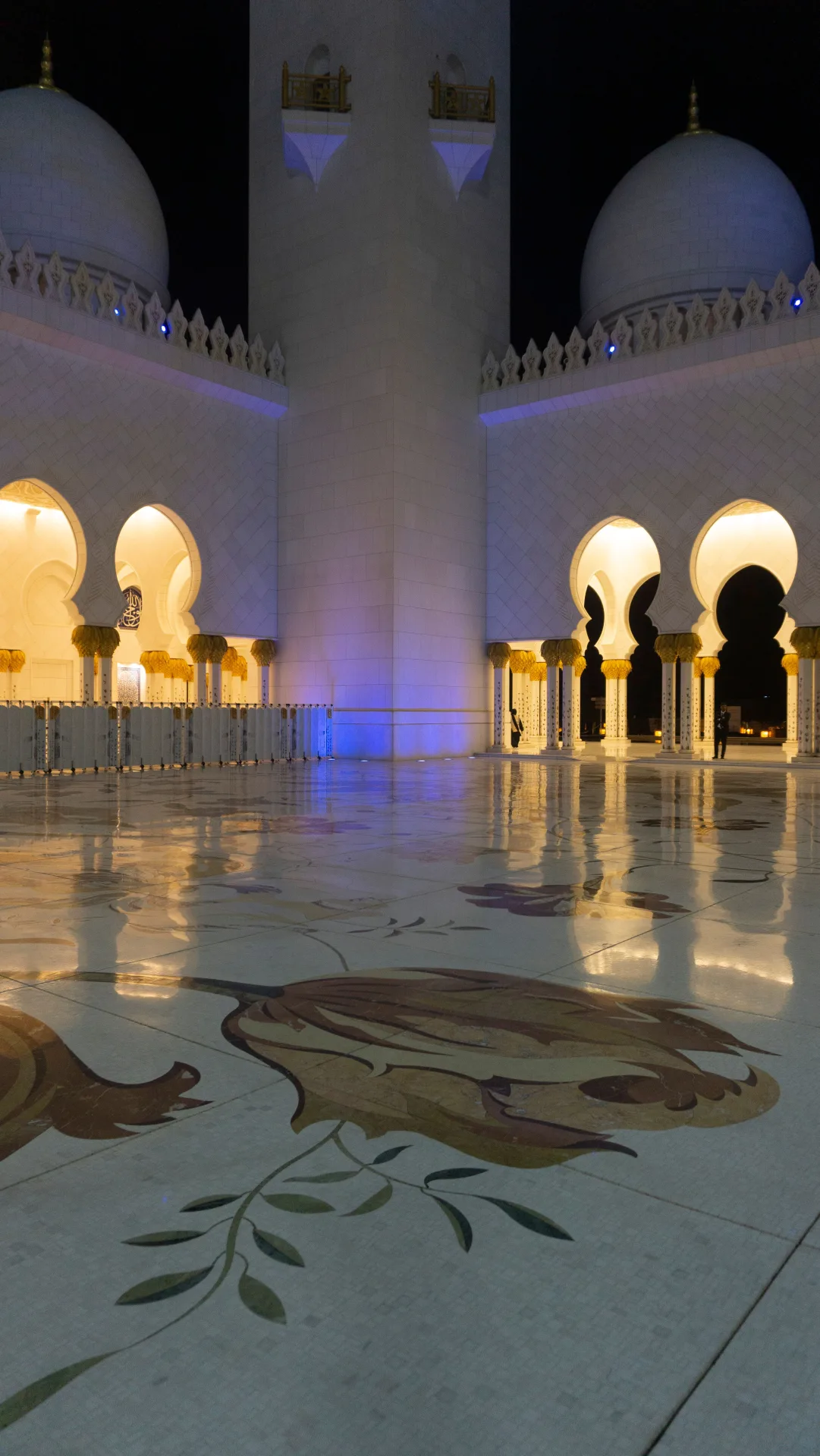 Mosquée Cheikh Zayed — Cour de nuit, incrustations florales de marbre et dômes éclairés
